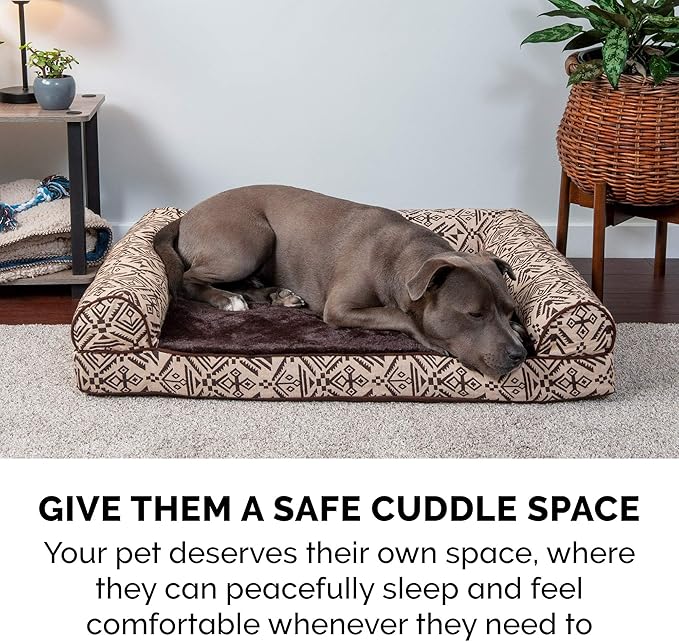 Furhaven Orthopedic Dog Bed for Large Dogs w/ Removable Bolsters &amp; Washable Cover, For Dogs Up to 95 lbs - Plush &amp; Southwest Kilim Woven Decor Sofa - Desert Brown, Jumbo/XL