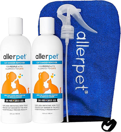 Allerpet Cat Dander Remover w/Free Applicator Mitt &amp; Sprayer - Effective Cat Dander Reduction - Anti Allergen Solution Made in USA - 2 Pack (12oz)