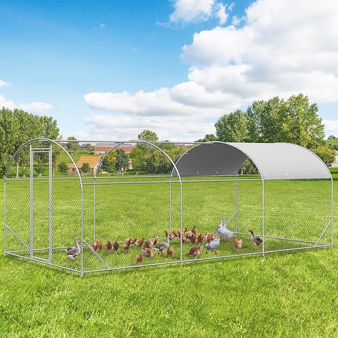 Large Metal Chicken Coop, Walk-in Chicken Run Pen with Waterproof Cover, Dome Roof Poultry Cage for Outdoor, Backyard, Farm (8.96&