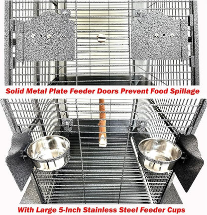 X-Large Elegant and Durable Wrought Iron Play Ground Perch Stand Top Climbing Ladder Bird Parrot Rolling Metal Cage with Around Seed Guard Storage Shelf On Heavy Duty Lockable Rolling Wheels
