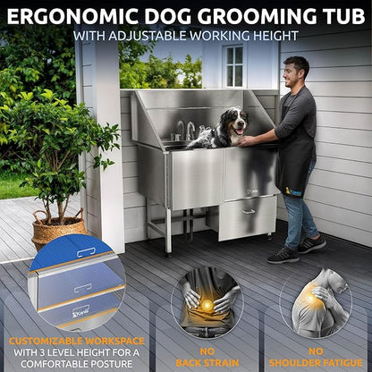 KANIS Professional Dog Washing Station - 304 Stainless Steel Pet Wash Sink &amp; Grooming Bath Tub for Home with Ramp, Shower, Floor Grate, Storage Drawer, Faucet, Drain Kit for Large, Medium &amp; Small Pets