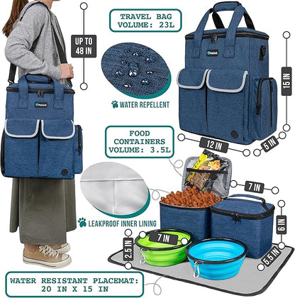 PetAmi Dog Travel Bag Pet Supplies Accessories Organizer for Traveling, Camping, Weekend; Cat Pet Travel Bag Kit Includes 2 Food Storage Containers, 2 Collapsible Bowls, 1 Feeding Mat (Navy Blue)