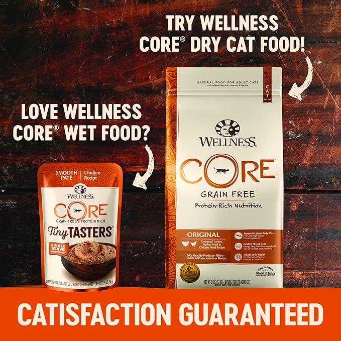 Wellness CORE Tiny Tasters Pate Adult Wet Cat Food, Natural, Protein-Rich, Grain Free, 1.75 Ounce Pouch, 12 Pack (Chicken &amp; Beef)