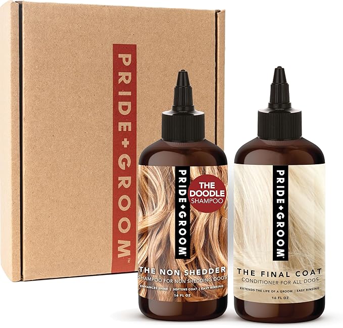 Pride and Groom The Non Shedder Box Set – Dog Shampoo &amp; Conditioner with All Natural Blend of Essential Oils &amp; Ingredients to Heal and Nourish for Long Lasting Shine &amp; Manageability – 32oz