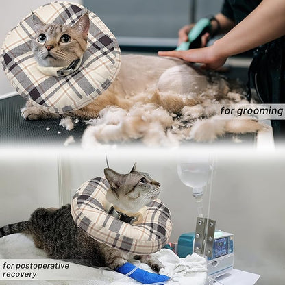 Cat Cone Collar Soft, Adjustable Plaid Elizabethan Cat Recovery Collar After Surgery to Prevent Licking &amp; Scratching Wound, Fits Small Medium Large Cats, Puppy, Small Dogs