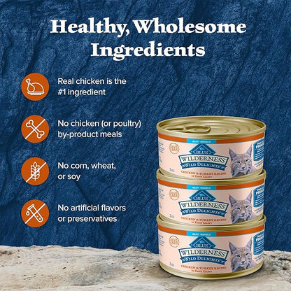 Blue Buffalo Wilderness Wild Delights Meaty Morsels Wet Cat Food, High-Protein &amp; Grain-Free, Made with Natural Ingredients, Chicken &amp; Turkey Recipe in Tasty Gravy, 3-oz. Cans (24 Count)