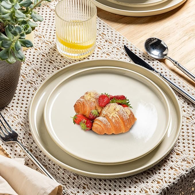 GBHOME Ceramic Dinnerware Sets for 4, 12 Pieces Stoneware Plates and Bowls Sets, Scratch Resistant Dishes, Dishwasher &amp; Microwave Safe, Reactive Glaze-Vanilla color