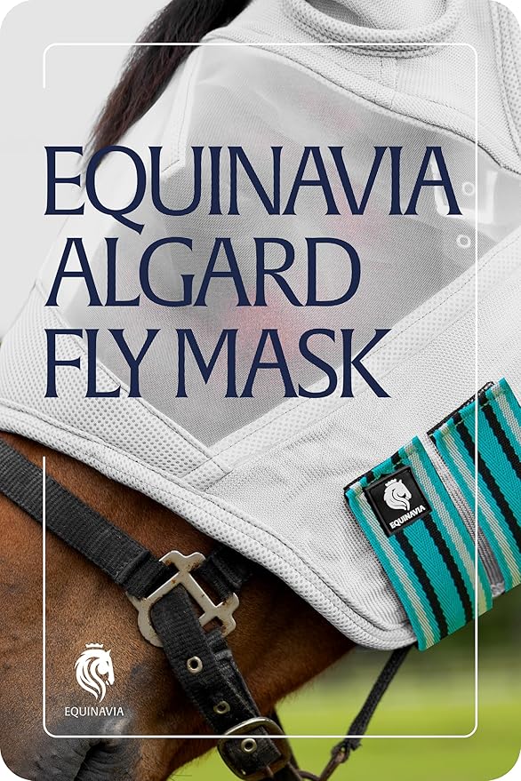 Equinavia Algard Soft Mesh Horse Fly Mask with Ear Protection and 45 UPF Rating | No Eye Irritation &amp; UV Protection - Silver/Turquoise - Pony