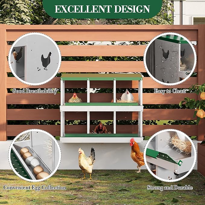 6 Hole Chicken Nesting Box with Roll Out Egg Tray, Rustproof &amp; Ventilated Chicken Laying Boxes for Hens, Chickens, Ducks | Easy-Clean Poultry Coop Accessories