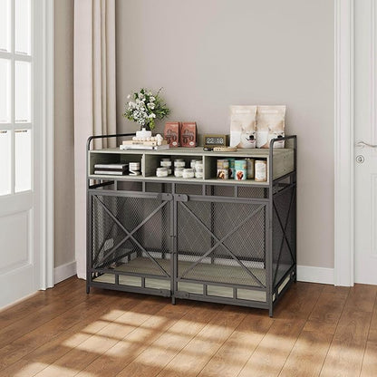 Dog Crate Furniture, 48" Heavy Duty Wooden Dog Crate End Table, XL Dog Kennel Furniture Large Breed, Decorative Dog Kennel Indoor with 3 Drawers &amp; Steel Tubes 48" L x28 W x38 H (Grey)