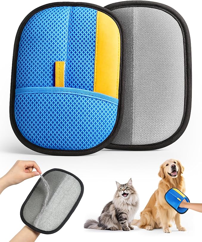 2025 Thickened Electrostatic Pet Hair Removal Gloves (2 Pcs) - Reusable Strong Grooming Gloves for Cats &amp; Dogs, Hair Remover for Couch, Furniture, Carpet, Car Seats &amp; Clothing (Blue)