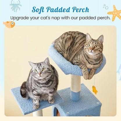 MWPO Ocean-Themed Cat Tree for Indoor Cats, 63.8 Inches Multi-Level Tower with Sisal-Covered Scratching Posts, Padded Platform, Hammock, Dangling Toys, Stable Condo Pet Play House, Blue