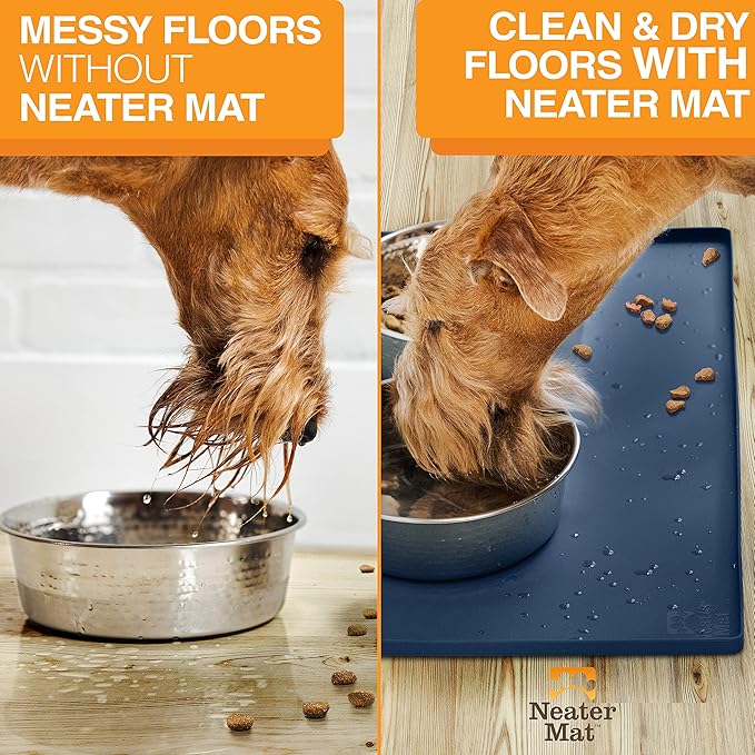 Neater Pet Brands Neater Mat Pet Mats for Food and Water, Cat &amp; Dog Bowl Mat Waterproof Silicone, Feeding Tray, Dog Food Mats for Floors, Placemat w/Raised Edge for Under Bowls, 24" x 16", Dark Blue