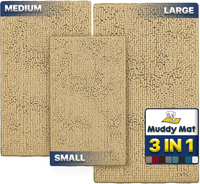Muddy Mat® Pack of 3 Highly Absorbent Microfiber Dog Door Mat and Pet Rug, Non Slip Thick Washable Area Mat Soft Chenille for Kitchen Bathroom Bedroom and Outdoor - Beige Small, Medium &amp; Large