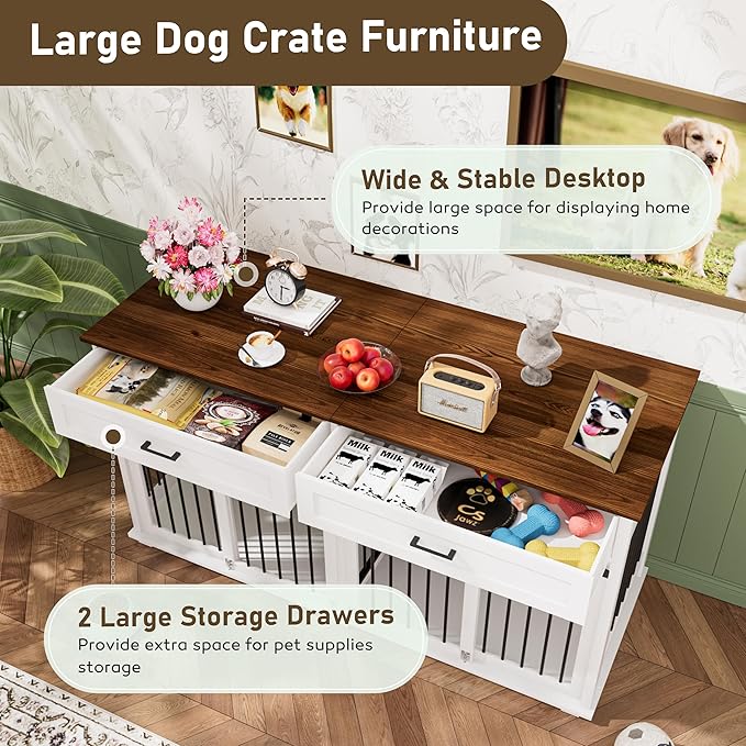 MUPATER 63" L x 23.6" W x 33.3" H Double Wooden Dog Cage Table with 2 Large Drawers &amp; Safety Locks, Large Dog Crate Furniture for 2 Dogs with Removable Divider, Decorative Indoor Dog Kennel Furniture