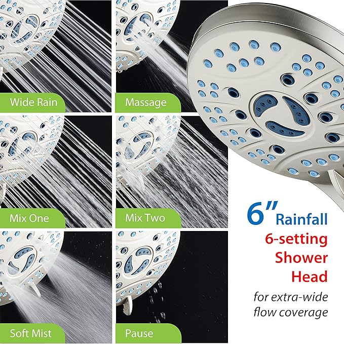 Hotel Spa AquaCare for California As-Seen-On-TV High Pressure Handheld Rain 50-mode 3-way Shower Head Combo with Adjustable Arm, Anti-clog Jets, Tub &amp; Pet Power Wash, 6 ft. Hose, Nickel Finish