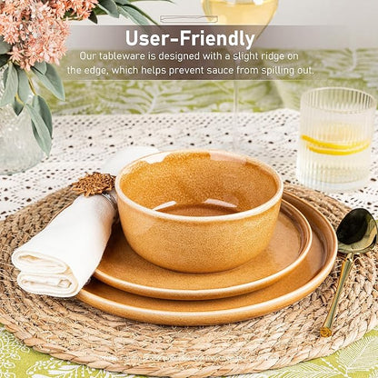 GBHOME Ceramic Dinnerware Sets for 4, 12 Pieces Stoneware Plates and Bowls Sets, Scratch Resistant Dishes, Dishwasher &amp; Microwave Safe, Reactive Glaze-Amber