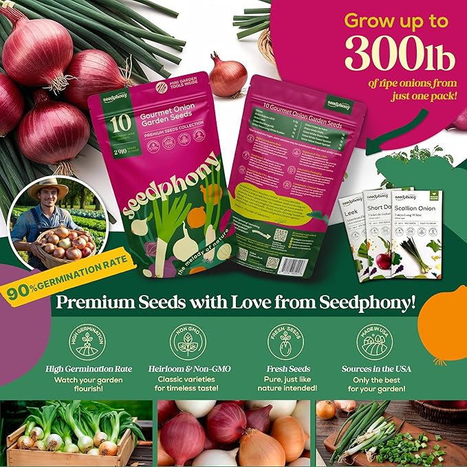 10 Gourmet Onion Seeds for Planting Variety Pack - 2,900+ Non-GMO Heirloom Vegetable Seeds for Growing Indoor &amp; Outdoor: Red Burgundy, Leek, Walla Walla, Grano White &amp; Yellow Sweet Spanish