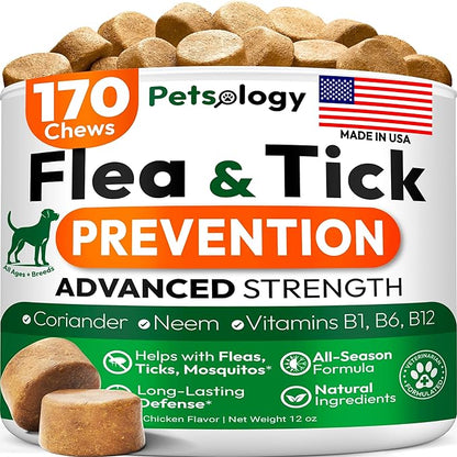 Flea and Tick Prevention for Dogs Pills - Natural Dog Flea &amp; Tick Control - 170 Soft Chewables - Oral Defense Treatment for Dogs Supplement - Vet Formulated Chews - All Breeds &amp; Ages - Made in USA