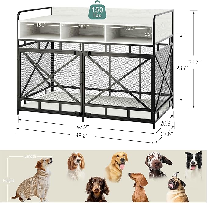 Dog Crate Furniture, 48" Heavy Duty Wooden Dog Crate End Table, XL Dog Kennel Furniture Large Breed, Decorative Dog Kennel Indoor with 3 Drawers &amp; Steel Tube 48"L x28"W x36"H (White and Black)