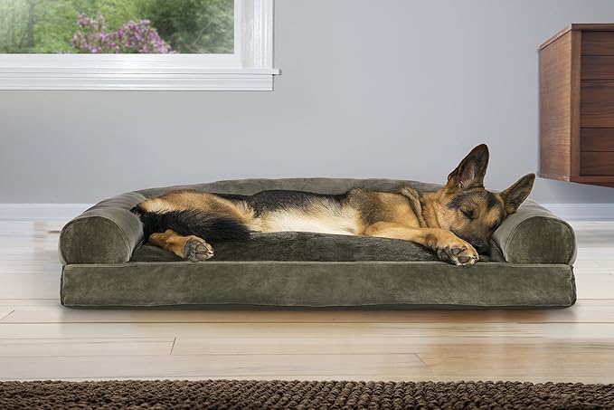 Furhaven Pillow Dog Bed for Large Dogs w/ Removable Bolsters &amp; Washable Cover - Faux Fur &amp; Velvet Sofa - Dark Sage, Jumbo/XL