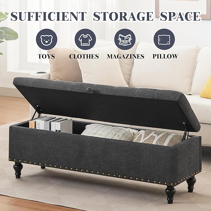 Mangodan51” Linen End of Bed Storage Bench, Tufetd Upholstered Storage Ottoman Bench with Safety Hinge, 330 lb Large Ottoman with Storages for Living Room, Entryway &amp; Bedroom, Window Benches, Grey