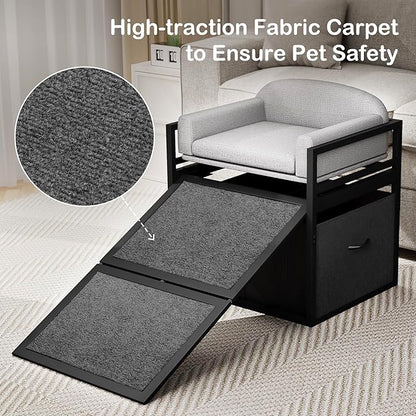 Pet Stairs Ramp Doggie Stairs with Seat &amp; Storage Drawers,Extra Wide Seat Mate Chair Puppy for High Bed Couch Office,Non Slip Dachshunds,Step for Small Dogs,Cat Ladder Grey(Hold Up to 100 lbs)