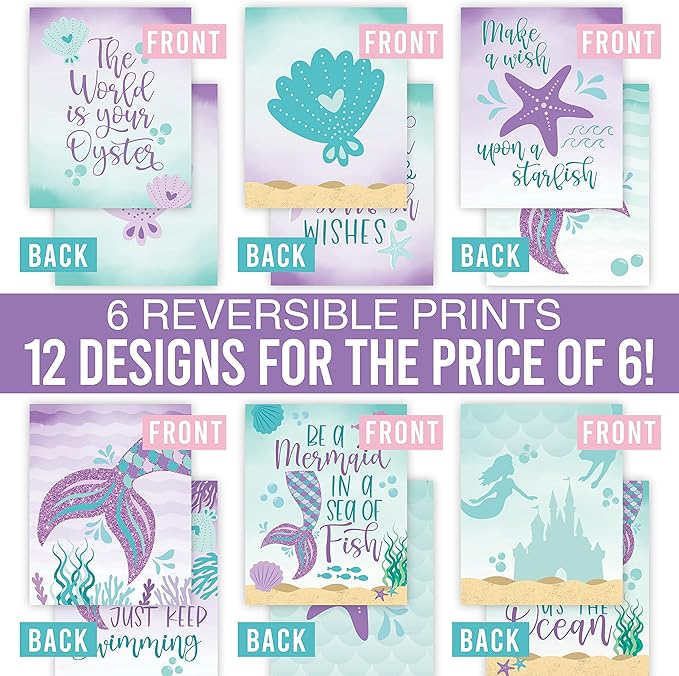 Hadley Designs 6 Mermaid Wall Decor – Reversible Magical Mermaid Wall Art for Nursery &amp; Bathroom, Under the Sea Unframed Ocean-Themed Room Decor Prints for Girls&