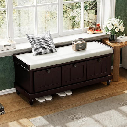 Classic Shoe Storage Bench with Cushion and Three Drawers, Fluted Entryway Bench with Storage for Entryway, Living Room, Hallways 44.0" L x 15.9" W x 18.9" H Espresso