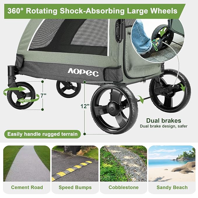 Large Dog Stroller - Dual Entry Safety Folding Pet Stroller with Adjustable Handle, All-Terrain 4-Wheel, 160 lbs Weight Capacity for Travel &amp; Outdoor Adventures - Green