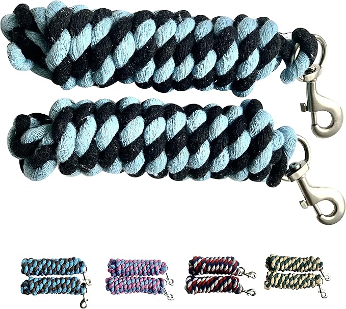 Majestic Ally Pack of 2 Solid Cotton Lead Rope for Horses &amp; Livestock – 10 Foot Long and 5/8 inch Thick - Replaceable Heavy-Duty Satin Bolt Snap – Handmade – Soft, Broken in Feel (Sky Blue - Black)