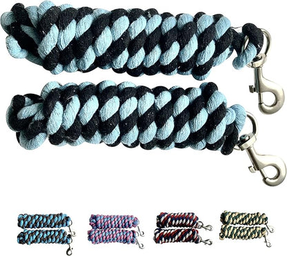 Majestic Ally Pack of 2 Solid Cotton Lead Rope for Horses &amp; Livestock – 10 Foot Long and 5/8 inch Thick - Replaceable Heavy-Duty Satin Bolt Snap – Handmade – Soft, Broken in Feel (Sky Blue - Black)