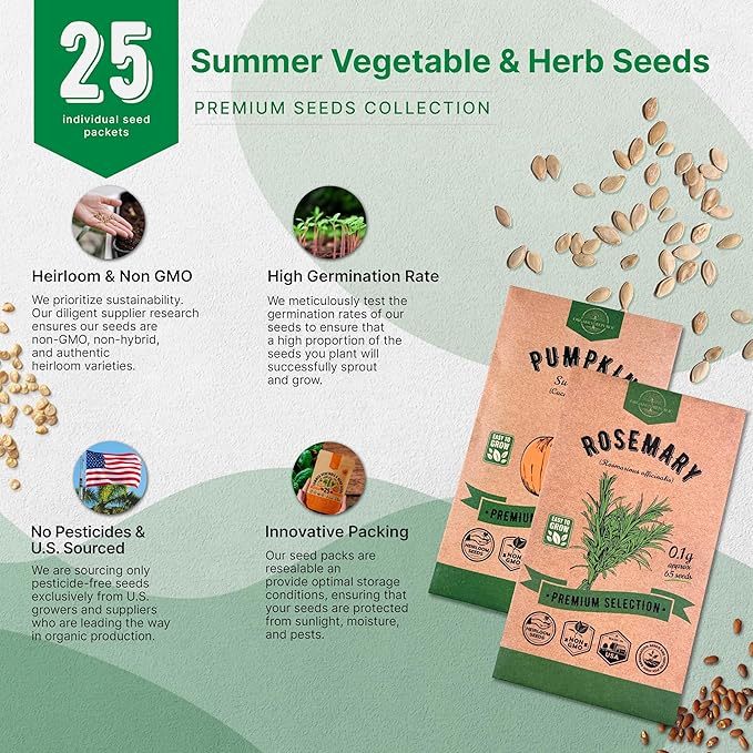 Organo Republic 25 Summer Vegetable &amp; Herb Garden Seeds Variety Pack - 6,820+ Non-GMO Heirloom Veggie &amp; Herb Seeds for Outdoors &amp; Indoor Home Gardening: Tomato, Okra, Bean, Cucumber, Basil, Rosemary