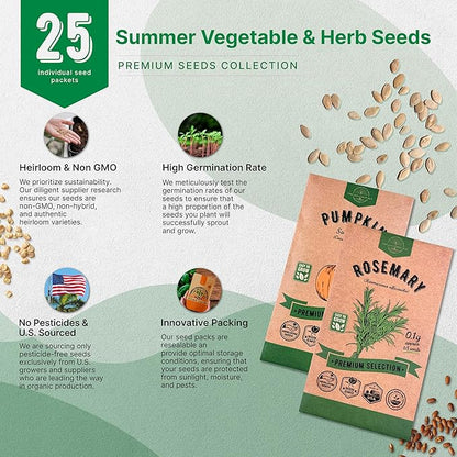 Organo Republic 25 Summer Vegetable &amp; Herb Garden Seeds Variety Pack - 6,820+ Non-GMO Heirloom Veggie &amp; Herb Seeds for Outdoors &amp; Indoor Home Gardening: Tomato, Okra, Bean, Cucumber, Basil, Rosemary