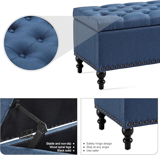 Ottoman with Storage,50.2-inch Upholstered End of Bed Storage Bench for Bedroom,for The Living Room,for Entryway, with Rivets &amp; Button and Safety Hinges,Detachable (Blue)