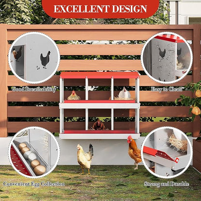 6 Hole Chicken Nesting Box with Roll Out Egg Tray, Rustproof &amp; Ventilated Chicken Laying Boxes for Hens, Chickens, Ducks | Easy-Clean Poultry Coop Accessories