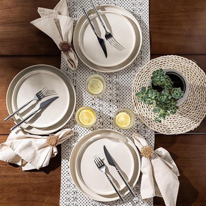 GBHOME Ceramic Dinnerware Sets for 4, 12 Pieces Stoneware Plates and Bowls Sets, Scratch Resistant Dishes, Dishwasher &amp; Microwave Safe, Reactive Glaze-Vanilla color