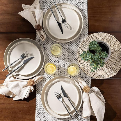 GBHOME Ceramic Dinnerware Sets for 4, 12 Pieces Stoneware Plates and Bowls Sets, Scratch Resistant Dishes, Dishwasher &amp; Microwave Safe, Reactive Glaze-Vanilla color