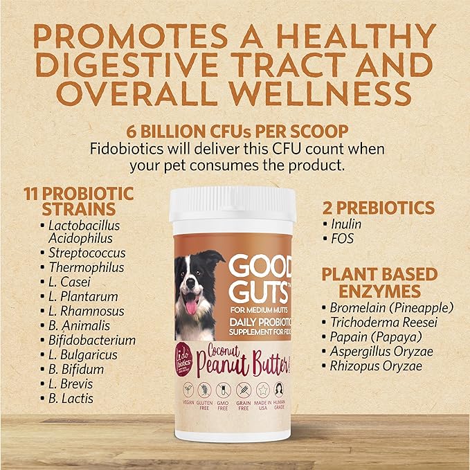 Fidobiotics Good Guts for Medium Mutts Probiotic for Dogs, 6 Billion CFUs, 11 Strains, 5 Digestive Enzymes, 2 Prebiotics, Digestive Gut Health for Dogs, Adult &amp; Puppy Probiotics Supplements (30 Days)