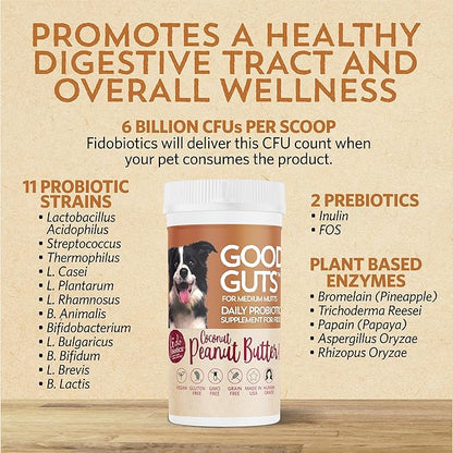 Fidobiotics Good Guts for Medium Mutts Probiotic for Dogs, 6 Billion CFUs, 11 Strains, 5 Digestive Enzymes, 2 Prebiotics, Digestive Gut Health for Dogs, Adult &amp; Puppy Probiotics Supplements (30 Days)