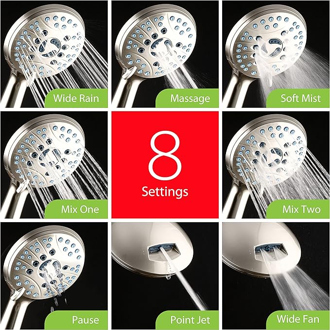 Hotel Spa AquaCare As-Seen-On-TV High Pressure 48-setting Rain &amp; Handheld 3-way Shower Head Combo - Anti-clog Nozzles/Tub, Tile &amp; Pet Power Wash/Extra Long 6 ft. Hose/Satin Nickel Finish