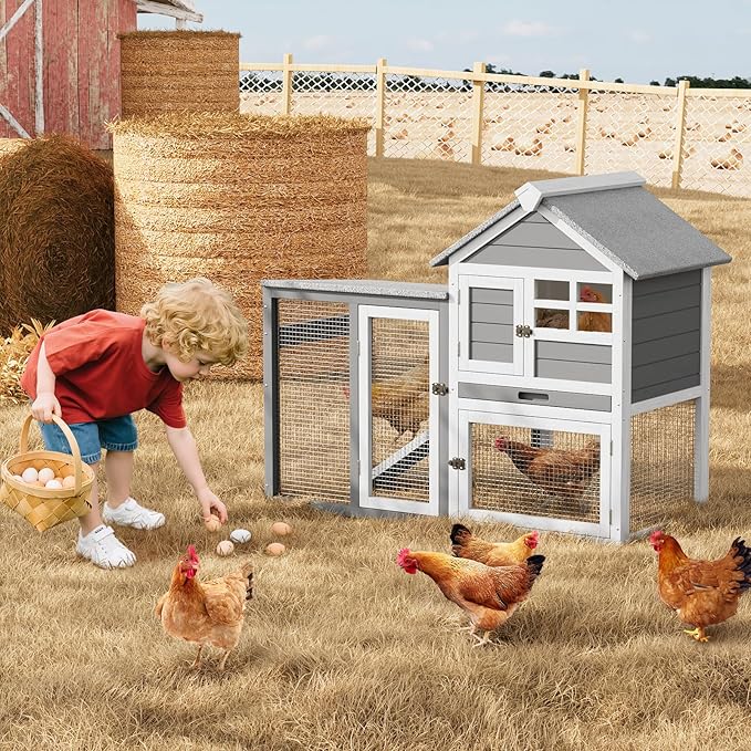 Rabbit Hutch 2-Tier, Small Wooden Chicken Coop for Outdoor Use - Weatherproof Small Animal Hutch with Non-Slip Ramp, 4 Access Doors &amp; Removable Tray for Rabbits, Guinea Pigs, Ferrets (Indoor/Outdoor)