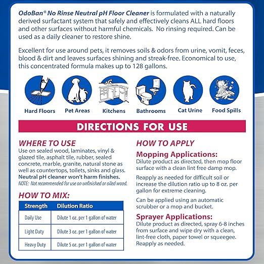 OdoBan Pet Solutions No Rinse Neutral pH Floor Cleaner Concentrate, Made in the USA, Splash O&
