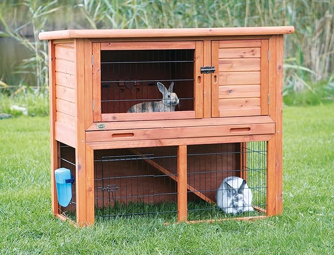 TRIXIE natura Outdoor Rabbit Hutch with Run - 2-Story Rabbit Cage with Non-Slip Ramp - Large Elevated Small Animal House with Secure Playpen, Hinged Roof &amp; Pull-Out Tray - in Brown