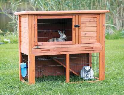 TRIXIE natura Outdoor Rabbit Hutch with Run - 2-Story Rabbit Cage with Non-Slip Ramp - Large Elevated Small Animal House with Secure Playpen, Hinged Roof &amp; Pull-Out Tray - in Brown