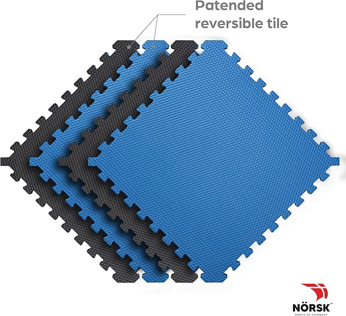 Norsk Reversible Exercise Mats 3/4" Thick EVA Interlocking Foam Tiles - Perfect for Home Gym Flooring, 28 Tiles &amp; 56 Trim Pieces, 112 Sq. Ft. Reversible, Dazzling Blue/Black