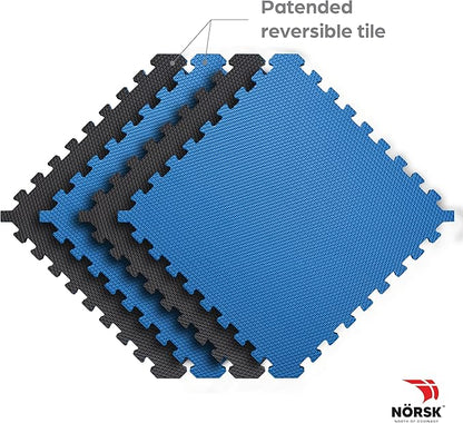 Norsk Reversible Exercise Mats 3/4" Thick EVA Interlocking Foam Tiles - Perfect for Home Gym Flooring, 28 Tiles &amp; 56 Trim Pieces, 112 Sq. Ft. Reversible, Dazzling Blue/Black
