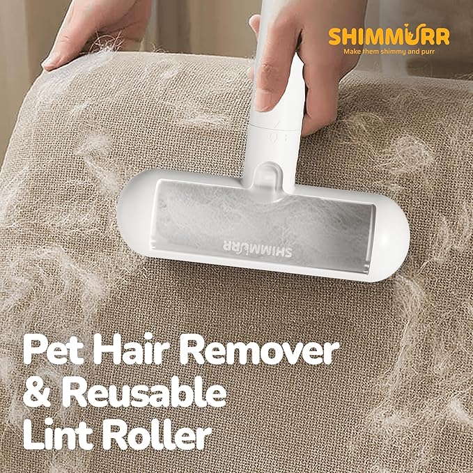 Reusable Pet Hair Remover - Lint Roller for Dog &amp; Cat Fur - for Furniture, Carpet, Clothing - Detachable Handle (White)