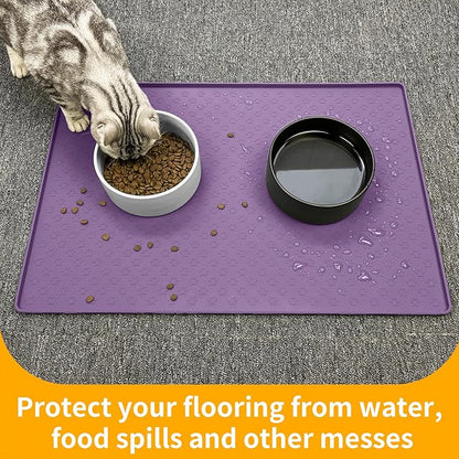Ptlom Silicone Dog Food Mat Waterproof Pet Feeding Mat with High-Lips, Anti-Slip Dog Bowl Mat for Food &amp; Water, Non-Spill Puppy Feeding Tray for Small, Medium &amp; Large Dogs and Cats, Purple