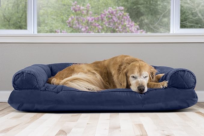 Furhaven Pillow Dog Bed for Large Dogs w/ Removable Bolsters &amp; Washable Cover - Quilted Sofa - Navy (Blue), Jumbo/XL